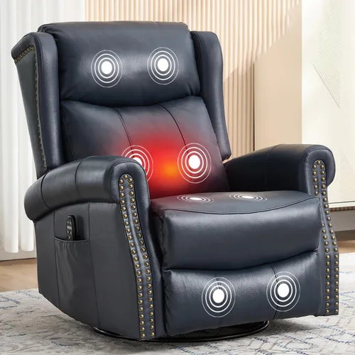 Silla mecedora giratoria de 360° para guardería, Wingback reclinable mecedora de cuero genuino con calor lumbar y masaje, masaje de vibración de 8