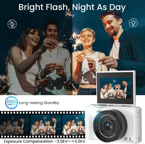 Miniatura 6 de Cámara digital 4K para fotografía, enfoque automático antivibraciones de 64 MP para YouTube, pantalla abatible de 180° de 3 pulgadas, cámara Blanco