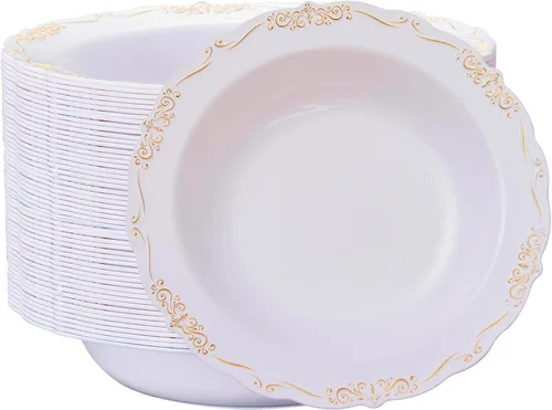 N9R 30 cuencos de sopa desechables con relieve dorado, cuencos de plástico de 12 onzas para vacaciones, fiestas, bodas, catering y uso diario