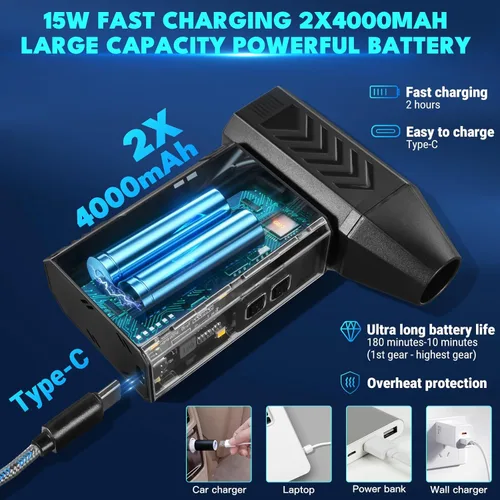 Miniatura 5 de Ventilador Turbo Potente, Mini Plumero Eléctrico de Aire Comprimido y Aspiradora, 130000RPM Soplador de Aire Portátil Recargable Inalámbrico de Mano