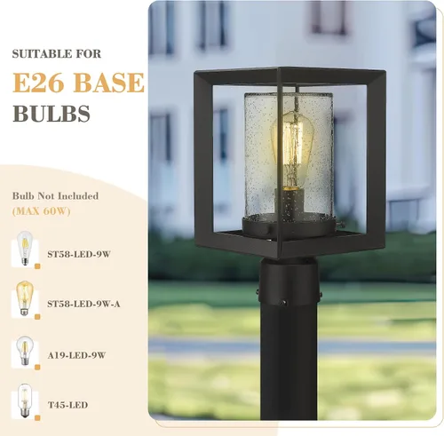 Miniatura 2 de Emliviar Luces de Poste Accesorio para Exteriores, Farol de Poste de 1 Luz, Acabado Negro, Vidrio Granulado, 2083P BK