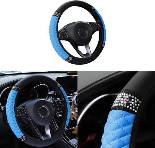 Miniatura 21 de Funda brillante para volante de automóvil, protector de cuero con diamantes de imitación de cristal para automóvil, accesorios de decoración