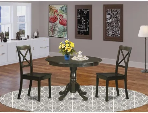 Miniatura 2 de East West Furniture HLBO3-CAP-W Juego de mesa de comedor moderno de 3 piezas contiene una mesa redonda de madera con pedestal y 2 sillas de comedor