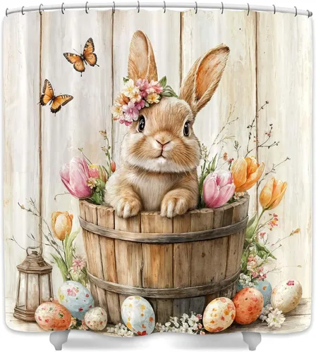 Wathon Bonita cortina de ducha de conejo de Pascua, juego de decoración de baño con mariposa floral, tela de tela, juego de decoración de baño con