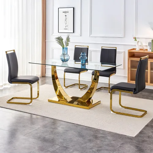 Miniatura 39 de Juego de mesa de comedor de 63 pulgadas para 4, juego de mesa de comedor dorado moderno para 4, juego de mesa de cocina de mármol sintético con negro