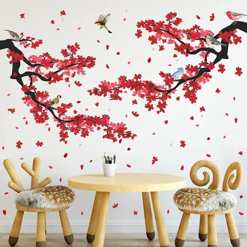 Miniatura 4 de Adhesivo decorativo para pared de ramas de ciruelo rojo 3D, diseño creativo, pájaros, estilo pastoral, extraíble, despegar y pegar, para niños