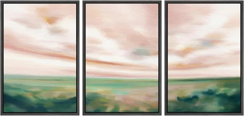 Miniatura 22 de SIGNWIN Conjunto de arte de pared de lienzo enmarcado, acuarela pastel, cielo de nubes rosas, colina verde del campo, naturaleza, vida silvestre