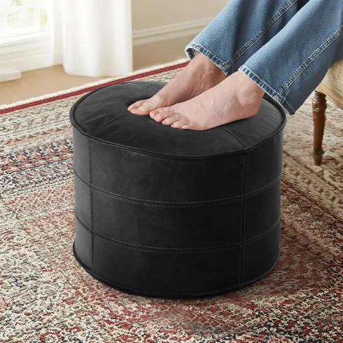 Miniatura 3 de Puf otomano de cuero genuino redondo para sala de estar, recámara, interior (negro)