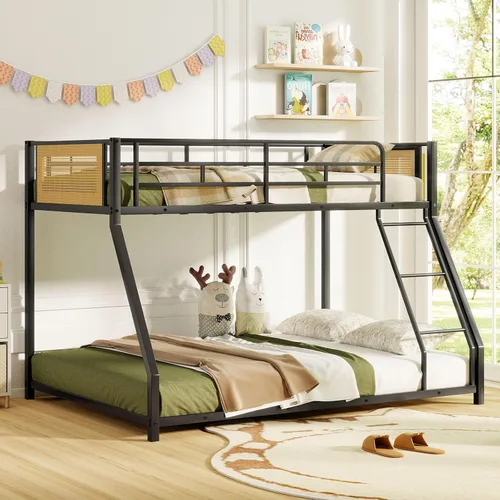 Miniatura 4 de KOMFOTT Litera de metal individual sobre matrimonial, litera de ratán bohemio de perfil bajo con barandilla de seguridad de longitud completa y Negro