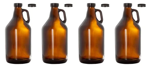 North Mountain Supply Jarra de fermentación de vidrio ámbar de 1/2 galón con asa, juego de 4, incluye tapas de polisello negro y tapas de metal