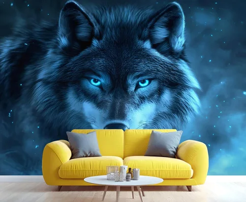 Miniatura 2 de Mural de lobo azul, papel tapiz de animales misteriosos, decoración del hogar de estética oscura, mural de pared de animales salvajes, murales