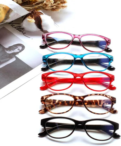 Miniatura 8 de SIGVAN Gafas de Lectura de Ojo de Gato para Damas 5 Pares con Bloqueo de Luz Azul Bisagra de Resorte Estampado de Patrón de Moda Lectores