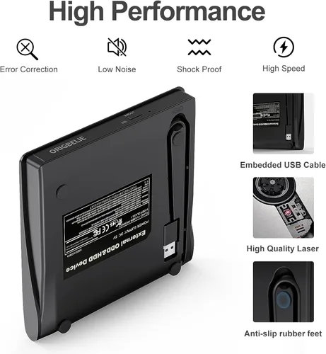 Miniatura 7 de ORIGBELIE Unidad externa de CD/DVD para portátil, grabadora de CD USB 3.0 +/-RW CD ROM, unidad de DVD externa Reproductor de DVD portátil