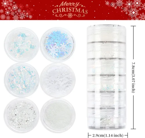 Miniatura 7 de Polvo blanco con purpurina para uñas, copos de nieve, lentejuelas para uñas, 6 frascos, copos de nieve de invierno, kit de polvo para decoración