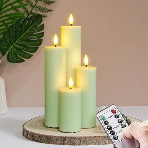 Miniatura 8 de Velas de pilar sin llama parpadeantes con control remoto y temporizador de ciclo, rosa Juego de 4 velas eléctricas falsas de 3D-Mecha alta operadas