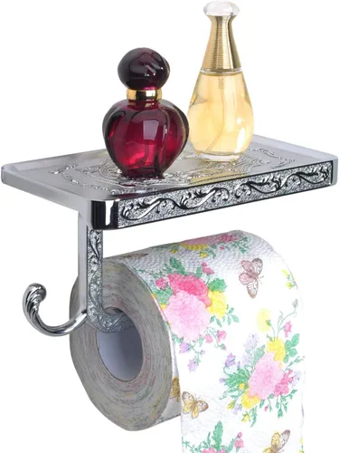 Miniatura 3 de Soporte de papel higiénico con estante para teléfono y gancho, estilo vintage, accesorios de baño reversibles (acabado cromado)