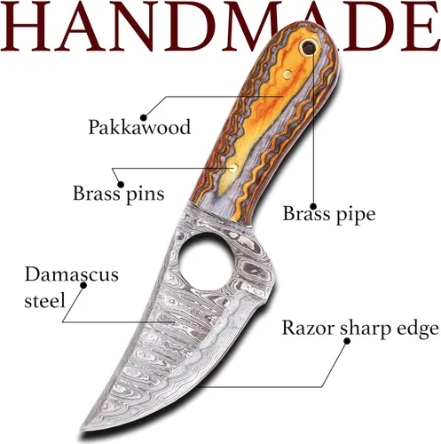 Miniatura 2 de Ancilla - Cuchillo de caza de Damasco hecho a mano para EDC, camping, venado, cuchillo de bolsillo mini con tanga completa, hoja fija, estilo Exotic