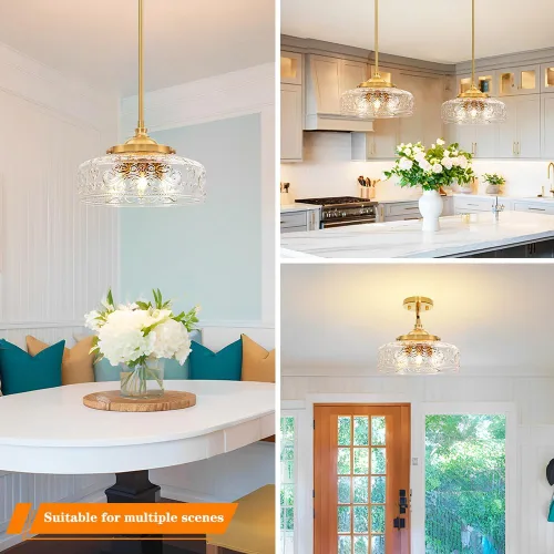 Miniatura 4 de 3 luces colgantes ajustables para isla de cocina, metal cepillado dorado y vidrio transparente, luces colgantes de latón vintage para baño, pasillo