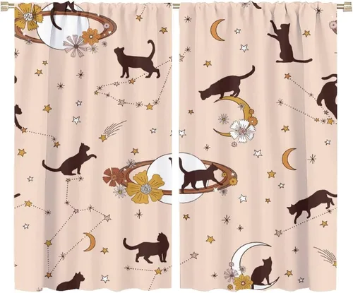 Miniatura 54 de Cortinas de estilo de mediados de siglo, diseño geométrico abstracto moderno, diseño retro, estampado de gato negro, para dormitorio, sala de estar