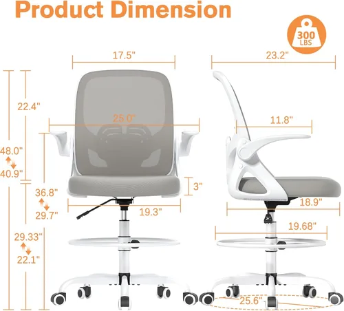 Miniatura 2 de ORRSAKER Silla de dibujo, silla de oficina alta con brazos abatibles, silla de escritorio ergonómica de malla para computadora con anillo de pie