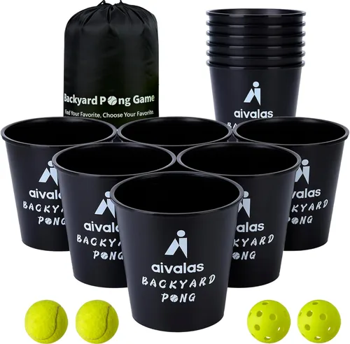 Yard Pong Outdoor Games, Giant Yard Games Set with 12 Buckets and Balls for Adults and Family, Toss Game Throwing Games for Beach, Camping, Lawn and