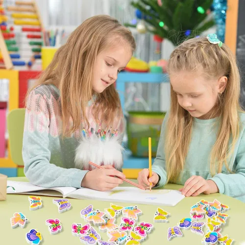 Miniatura 5 de Haooryx Mini borradores de mariposa de primavera para niños, 60 unidades a granel novedosos borradores de mariposa 3D rompecabezas de escritorio