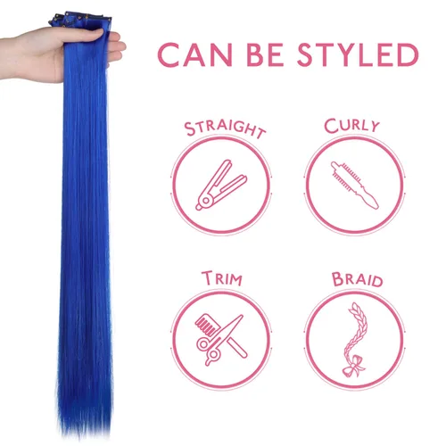 Miniatura 5 de Wennalife 12 piezas de extensiones de cabello azul con clip, extensiones de cabello con clip de colores para niños, pinzas de cabello arcoíris