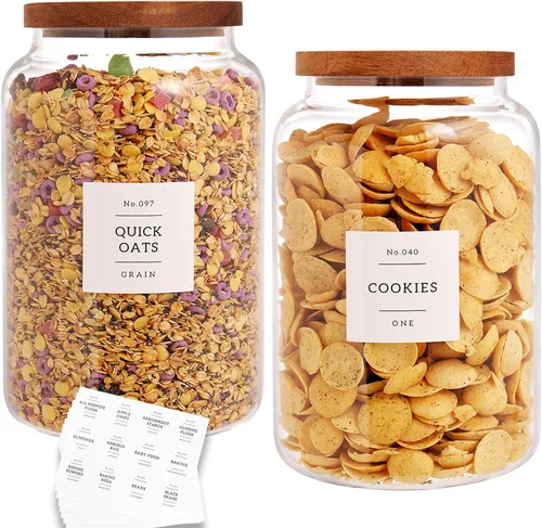 Miniatura 7 de CZHQSMZ Juego de 2 tarros grandes de vidrio con tapa hermética de acacia y 132 etiquetas para cocina y despensa, tarros de vidrio transparente