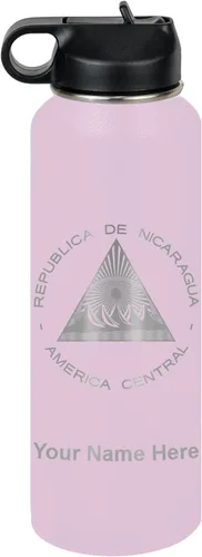 Miniatura 75 de LaserGram Botella de agua personalizada, bandera de Nicaragua, acero inoxidable de doble pared aislada al vacío con popote superior, regalo grabado