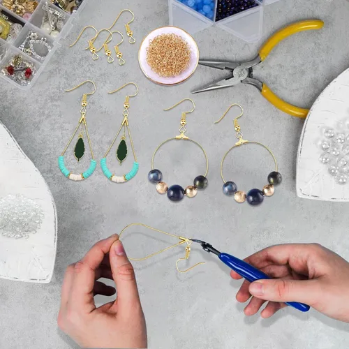 Miniatura 5 de Juego de 360 aros de cuentas para hacer joyas, con aros redondos de lágrima, anillos de salto abiertos, ganchos y respaldos para aretes, suministros