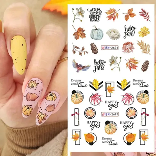Miniatura 9 de 500 patrones de calcomanías de uñas de otoño para mujer, calcomanías de agua de dibujos animados, calabaza, hongo, hoja de arce, calcomanías