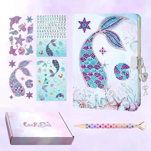 WERNNSAI Kit de diario de sirena para niñas, diario secreto con cerradura y llave, juego de papelería para niños, regalo de cumpleaños y Navidad