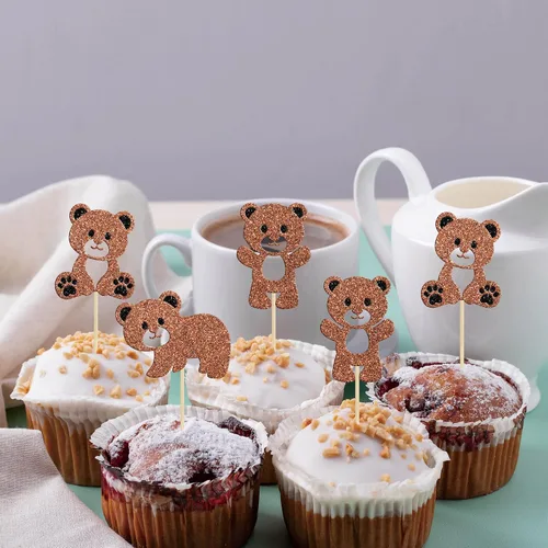 Miniatura 6 de Gyufise 24 piezas de decoración de fiesta de cumpleaños de oso para baby shower, We Can Bearly Wait Cupcake Toppers Decoración de mesa, accesorios