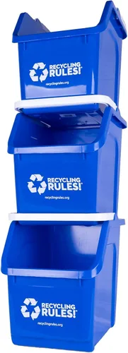 Miniatura 3 de Recycling Rules! Contenedor de reciclaje apilable de 6 galones en azul, ecológico, sin BPA, práctico reciclador con asa, paquete de 3