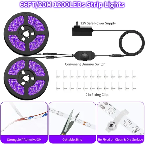 Miniatura 5 de Kit de tira de luz negra regulable de 66 pies/65.6 ft, 1200 LED, accesorios de luz negra flexible de 12 V, 385 nm-400 nm, tira LED de luz negra