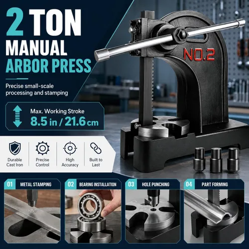 Miniatura 3 de 2 Ton Arbor Press, Heavy-Duty Manual Desktop Press, 8.5in Work Height, Hand Wheel Arbor Press with Reversible Ram & Removable Anvil, Cast Iron