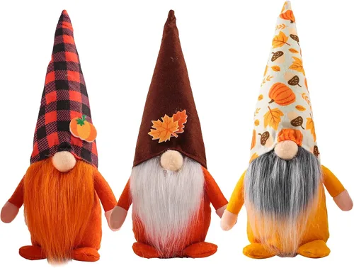3 piezas de decoración de otoño, decoración de cosecha, decoraciones de Acción de Gracias, gnomos de felpa de elfo enano con calabaza y hojas de