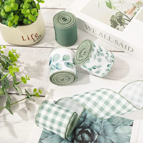 Miniatura 4 de AnyDesign 4 rollos de cinta de eucalipto con borde con alambre de 24 yardas, cinta decorativa de hojas verdes, cintas de tela para primavera