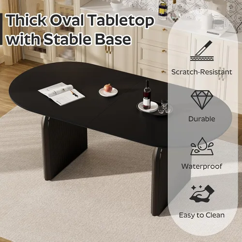 Miniatura 5 de Juego de mesa de comedor ovalada moderna de 70 pulgadas con 6 sillas de tela Boucle, mesa de MDF y base resistente a rayas, muebles de cocina