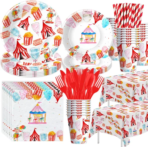 Decoración de fiesta temática de circo, suministros de fiesta de carnaval, plato, taza, servilleta, mantel, cubiertos, pajilla, decoración de fiesta