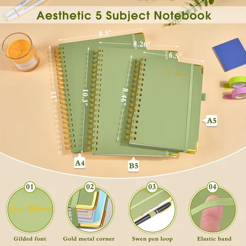 Miniatura 2 de Cuadernos en espiral de tapa dura para el trabajo, cuaderno de 5 materias a rayas universitarias con pestañas divisorias, cuaderno organizador