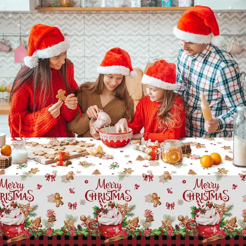Miniatura 6 de 3 piezas de manteles de fiesta Feliz Navidad a cuadros de búfalo de pan de jengibre, cubierta de mesa rectangular de plástico rojo y negro a cuadros
