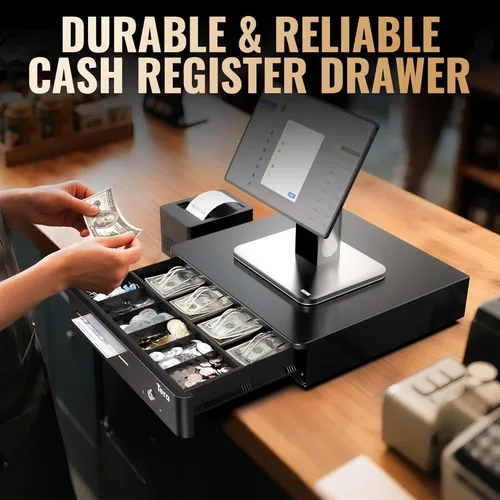 Miniatura 7 de Tera Cajón de caja registradora de 13" con apertura automática, resistente, con bandeja extraíble totalmente insertable, 5 teclas, 4 para billetes