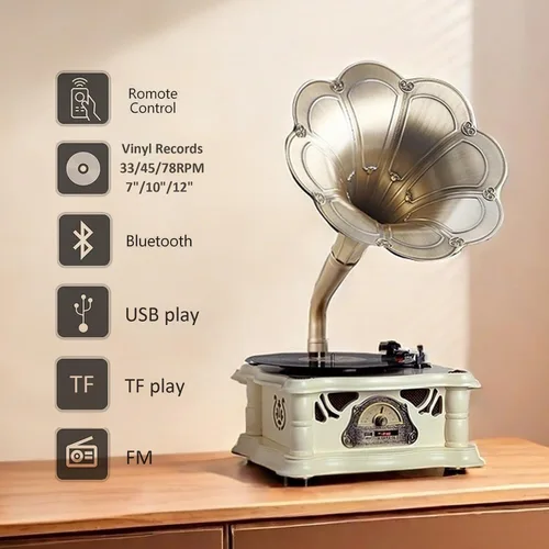Miniatura 3 de Reproductor de Discos Gramófono Vintage, Fonógrafo Retro de Vinilo, Tocadiscos de Vinilo con Cuerno para DJ, Reproductor de Gramófono Decorativo