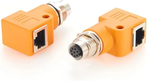 Miniatura 2 de Elecbee Adaptador de mamparo M12 a RJ45 impermeable M12 A Código 8 Pin hembra a RJ45 Jack de ángulo recto naranja
