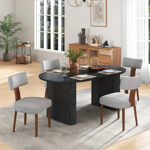 Miniatura 17 de Juego de mesa de comedor ovalada extensible de 59 a 90 pulgadas con 4 sillas de comedor con respaldo en T para 4 personas, moderna mesa de comedor