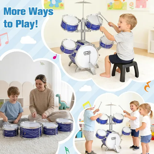 Miniatura 4 de Juego de batería para niños pequeños de 1 a 3 años, kit de batería de jazz de 5 piezas con taburete, pedal de bajo y platillo, instrumento musical