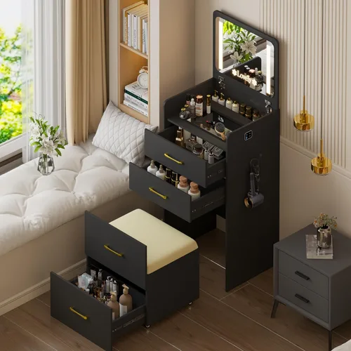 Miniatura 12 de HNEBC Escritorio de tocador 3 en 1 con espejo LED con tapa abatible, juego de tocador pequeño con escritorio de vidrio visible, tocador compacto