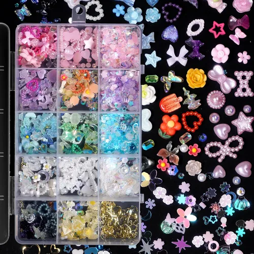 CESUSME Mix3D - Dijes de uñas de varios colores, multicolor, rosa, azul, morado, blanco, brillantina, corazón, flor, mariposa, lazo, encantos de