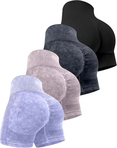 Miniatura 23 de CHRLEISURE Pantalones Cortos de Entrenamiento para Mujer, 4 Paquetes, Cintura Alta, Levantamiento de Glúteos con Fruncido, Pantalones Cortos Booty